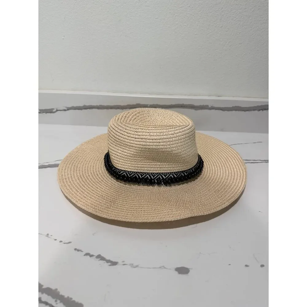 Jessica Simpson Wide Brim Floppy Sun Hat Straw Beach Tan Black Beaded Boho Band